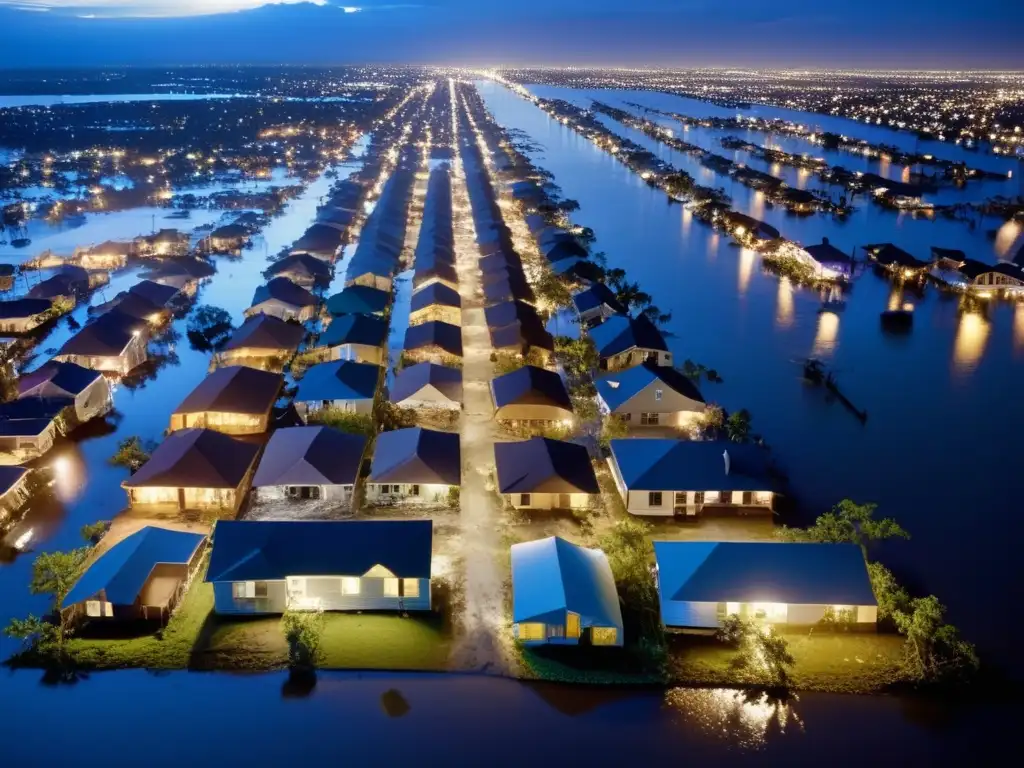 The profound impact of Hurricane Katrina, shown from above in an aerial shot of New Orleans at night, where darkness snuffs out the hope left in the wake of Mother Nature's wrath, leaving only destruction and loss of life