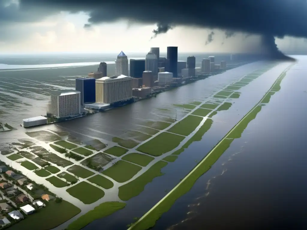 Intense cinematic image captures the devastation of Hurricane Katrina's path, with New Orleans visible between billowing clouds and deep waters