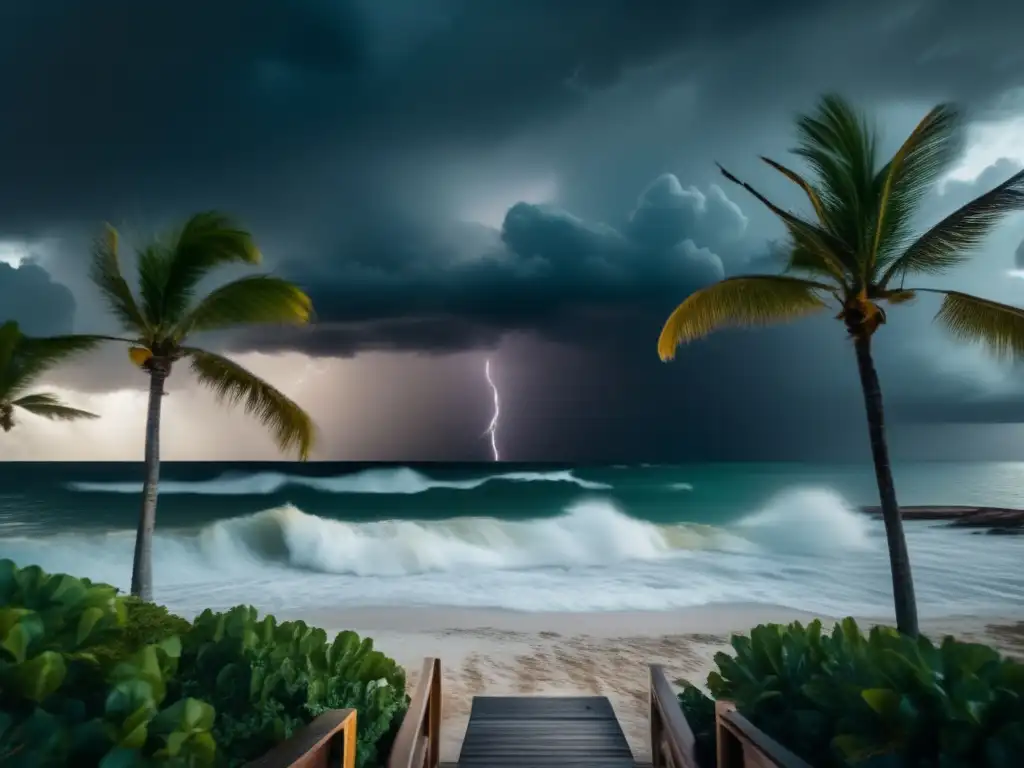 An exhilarating but ominous image of Key Largo during a hurricane, with lightning illuminating the stormy sea and wind-whipped palm trees on the beach, capturing the raw power and beauty of nature's fury