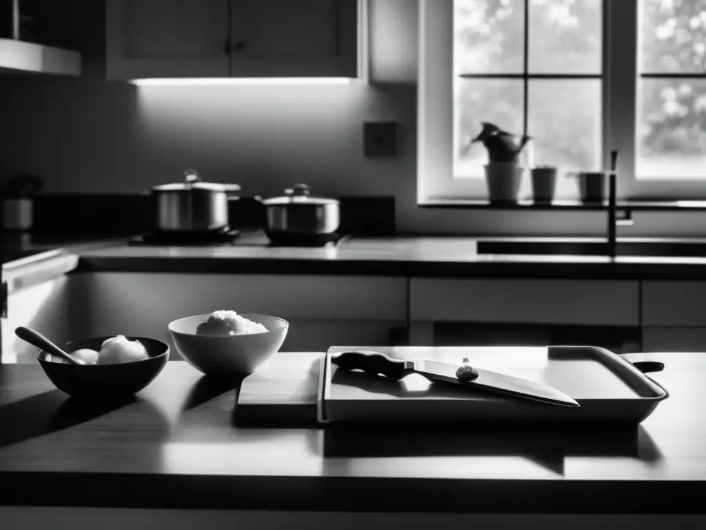 A hurricane approaches, and the focus of this black and white image is the clean, minimalistic kitchen