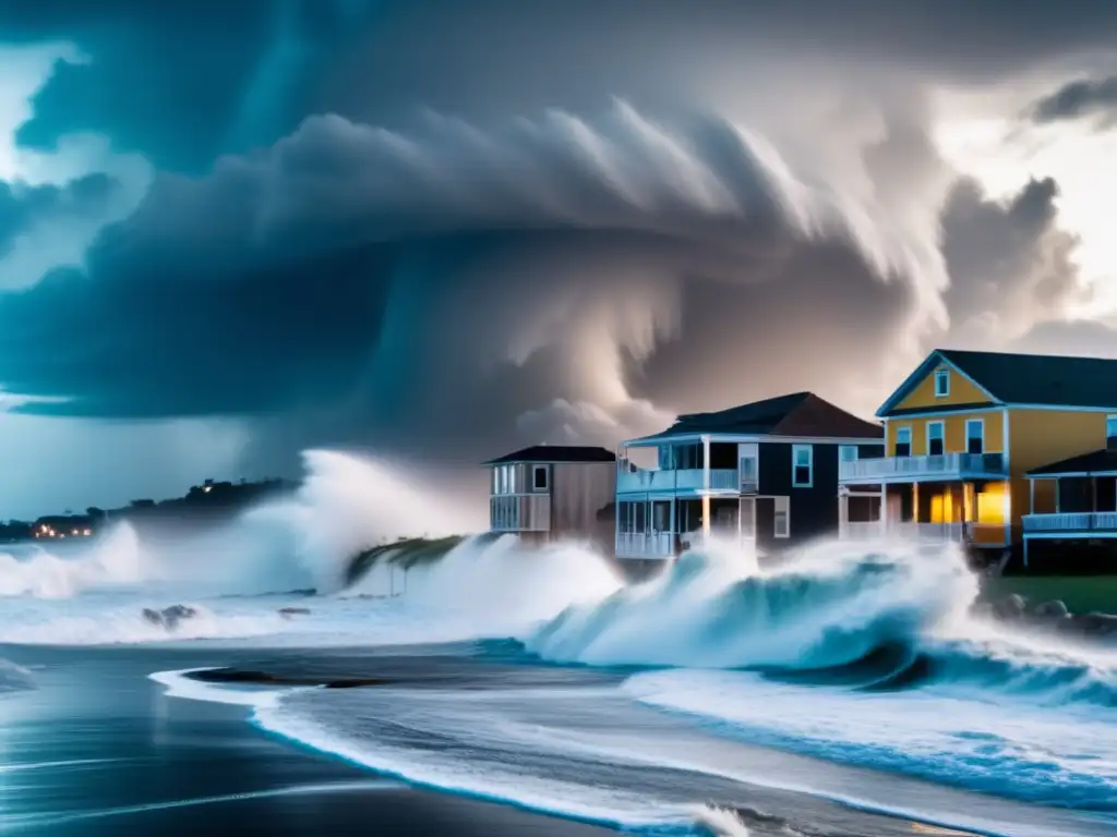 Hurricane makes landfall in small coastal town, unleashing destructive force with towering waves crashing against the shore and lightning strikes lighting up the sky