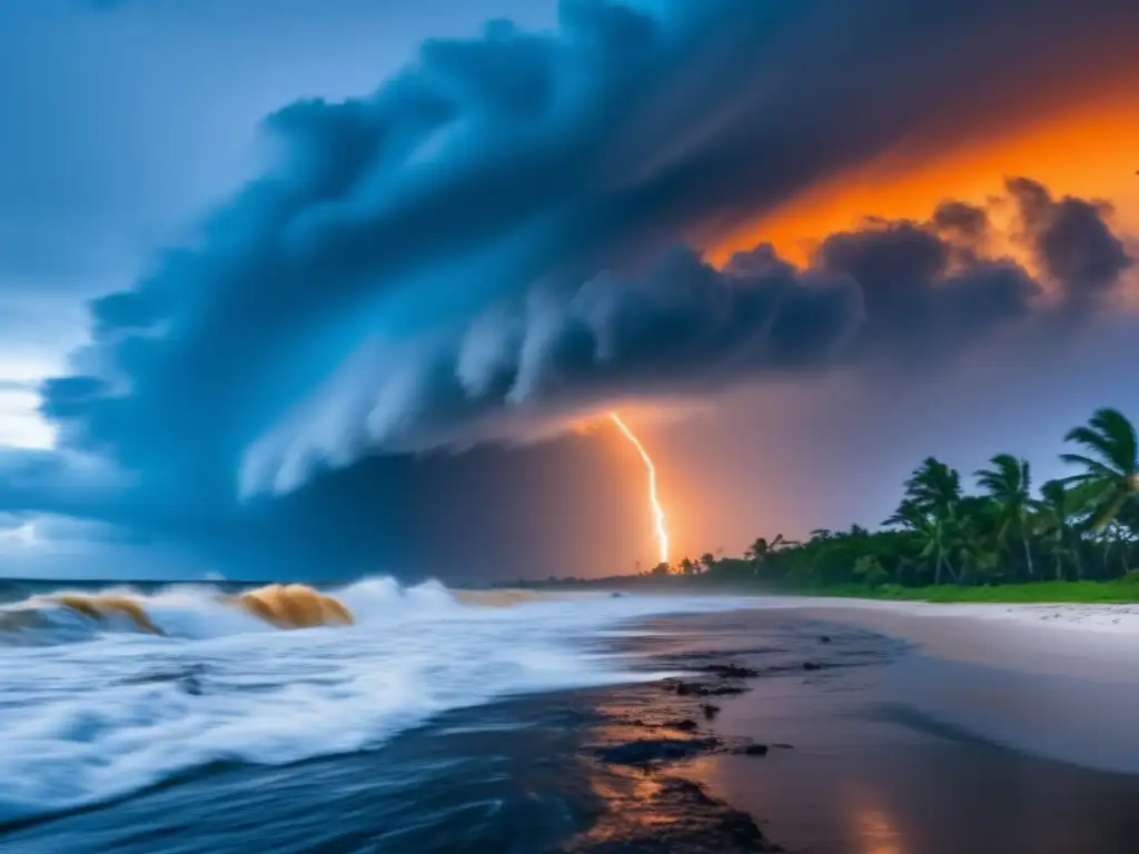 A destructive hurricane ravages the shoreline, leaving debris and trees toppled over in the foreground, with a clear sky in the background