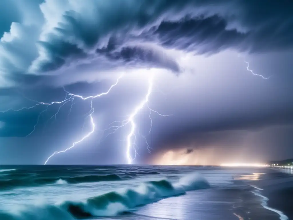 Intense aerial shot of a hurricane making landfall, lightning illuminates the sky as rain pours down on people scrambling for safety in the distance