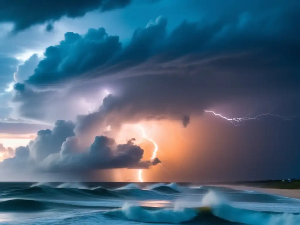 A hurricane makes landfall, casting its ominous shadow over the coastline as waves crash against the shore