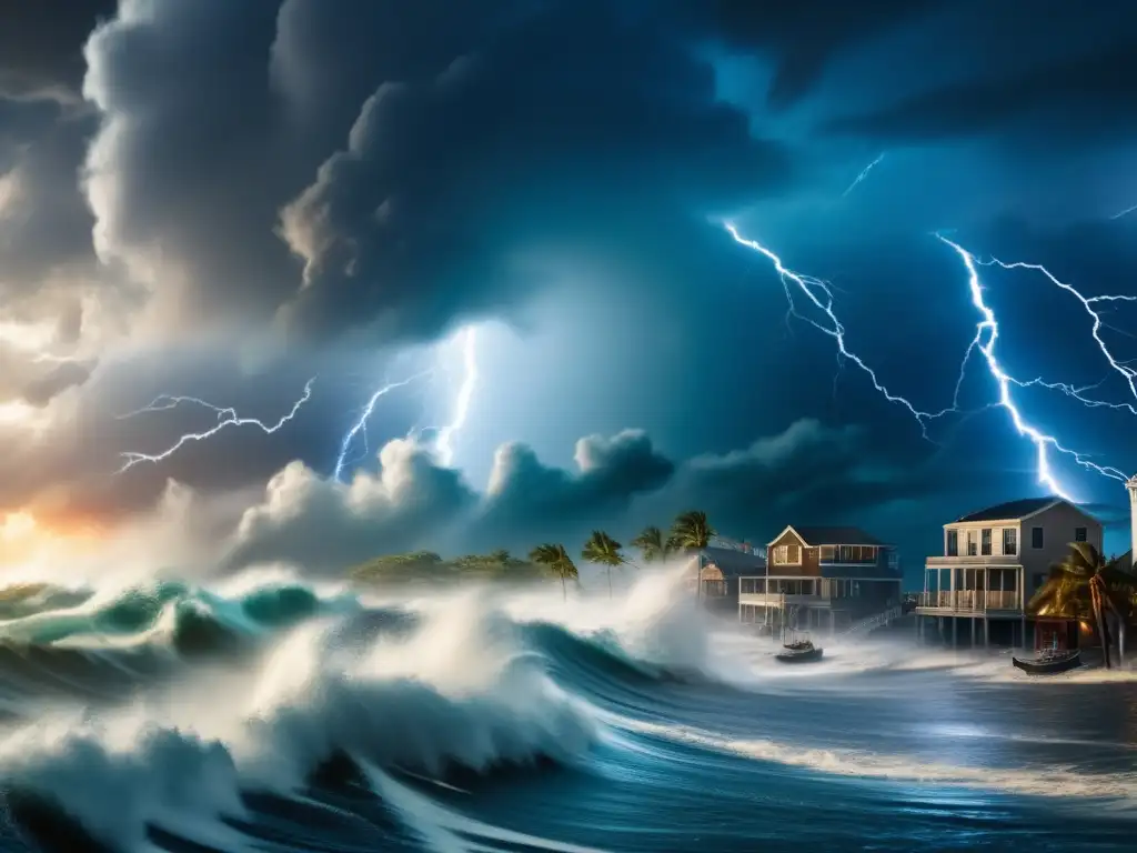 A cinematic depiction of a furious hurricane striking a coastal town, Alexis, with dark clouds obscuring the sun, lightning flashing in the distance