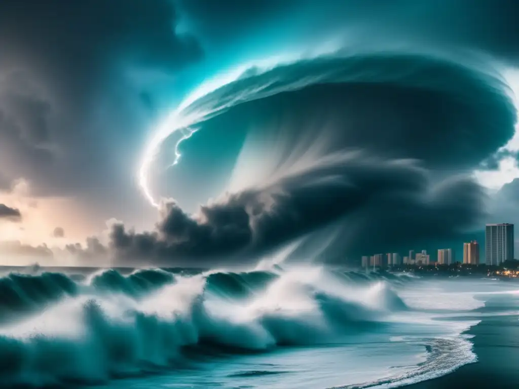 A haunting scene of a hurricane making landfall on a city coastline