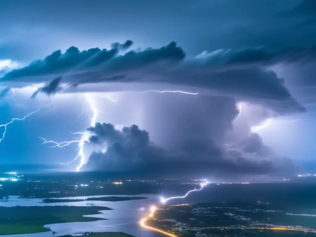 A haunting aerial view of a hurricane tearing through a coastal city, rain and wind swirling around it, lightning lightning up the sky