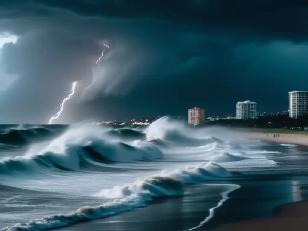 A cinematic shot of a powerful hurricane approaching the coastline, with towering waves and strong winds