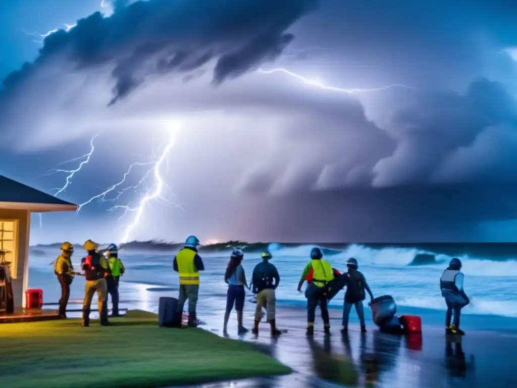 A hurricane's wrath: massive waves crash onto shore as people brace for impact, lightning illuminates the cloudy sky above