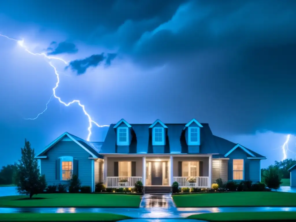 An atmospheric photo of a stormy sky with lightning lighting up a building, revealing its grayish blue hue with dim lighting