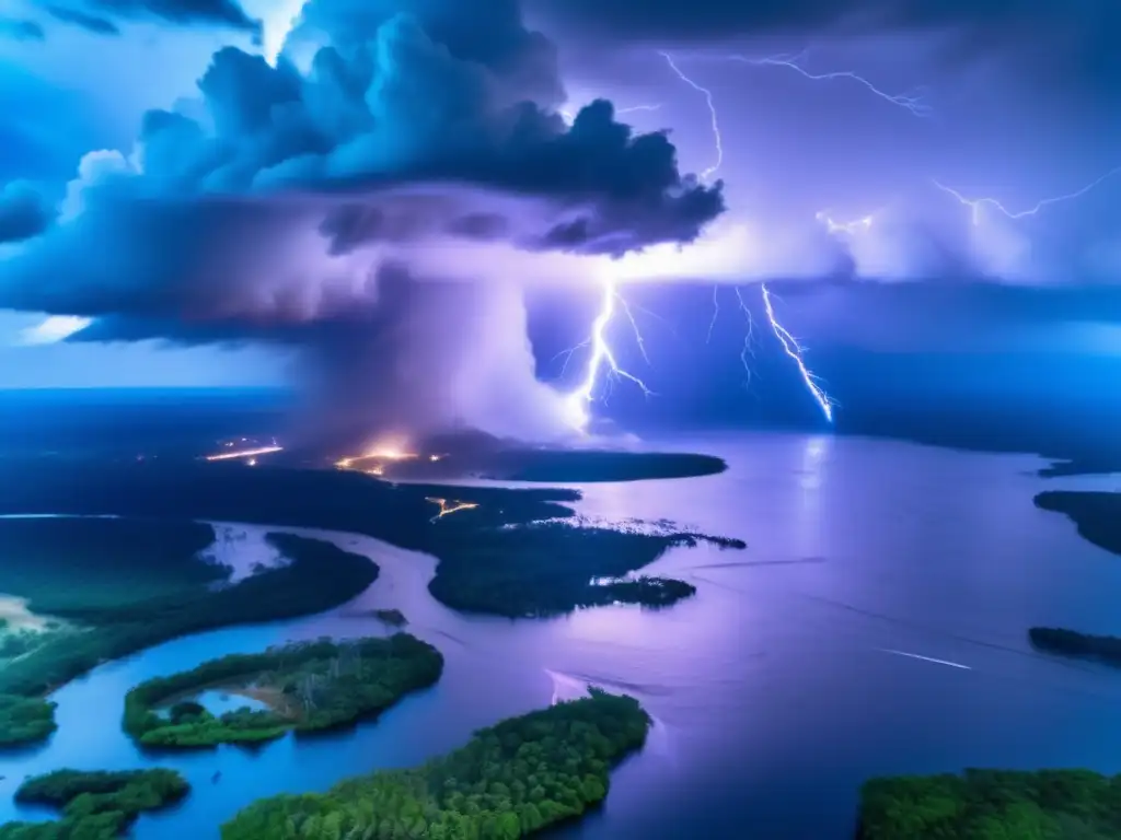 An aerial view of a hurricane, illuminated by lightning bolts, and whipped by rain and wind, leaving chaos in its wake