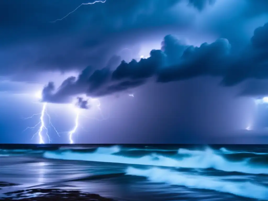 A cinematic masterpiece showcases a hurricane brewing over the vast ocean, with lightning illuminating the dark clouds building in the background