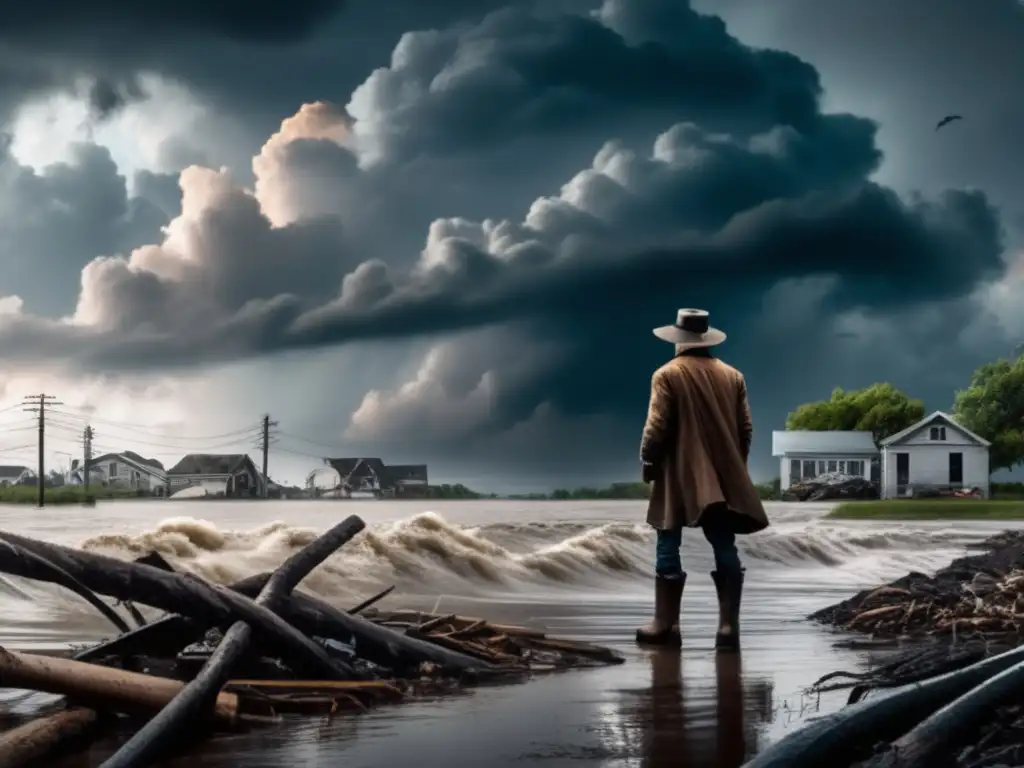 A man on shore, amidst a flooded city, wears boots and hat, watching ominous clouds gather