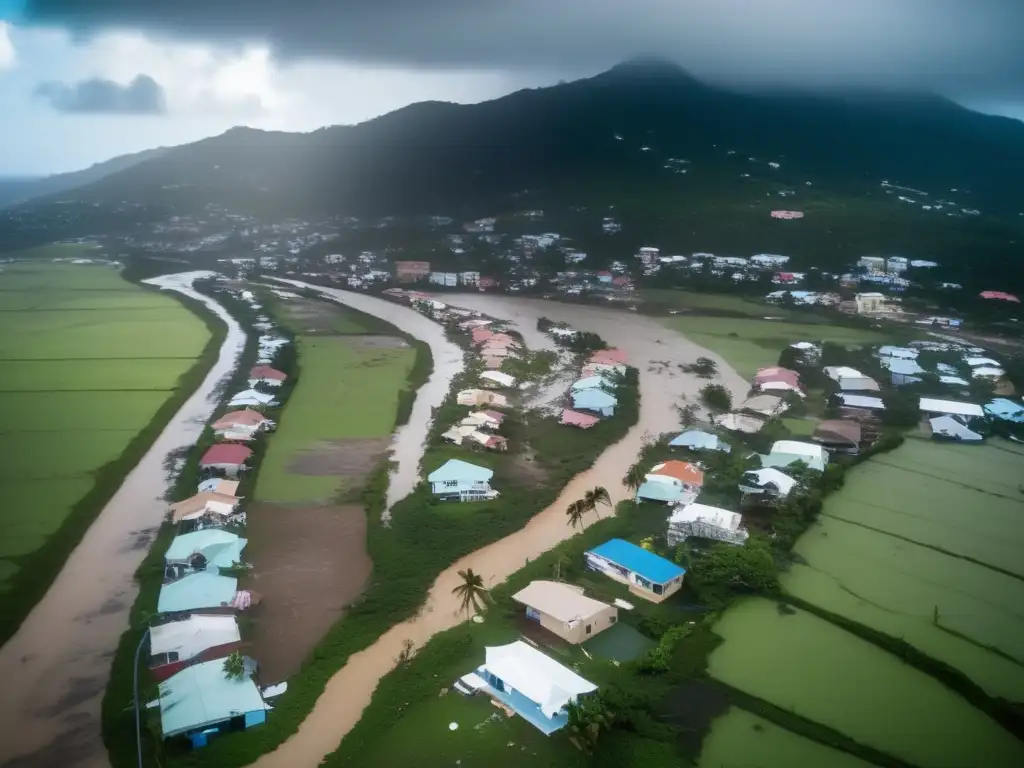 A cinematic aerial shot of Hurricane Maria's devastation in Puerto Rico, where destruction of buildings, infrastructure, and landscape reigns supreme