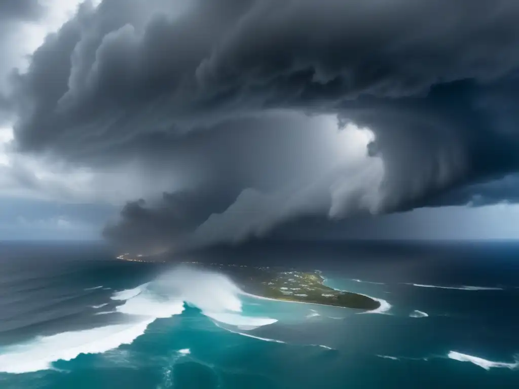 Intense destruction: A hurricane tears through the Caribbean, leaving a dark eye in its path - Rain swirls around the giant storm as the ocean shimmers in the distance