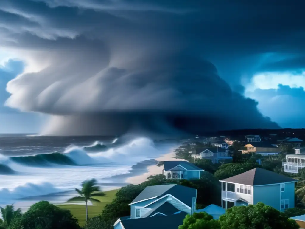 Stormy seascape captures the wrath of a Category 6 hurricane, tearing through a coastal town with its towering waves and fierce winds
