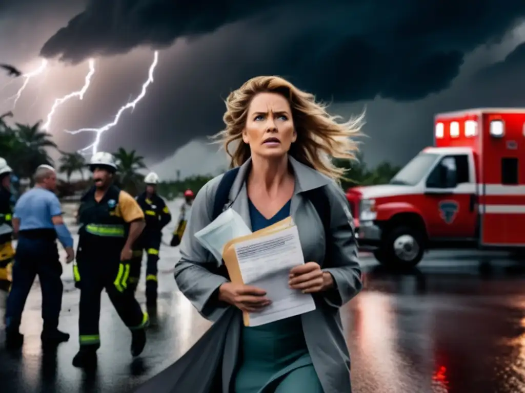 A woman bravely battles the raging hurricane, clutching her healthcare prescription tightly in the face of chaos and destruction