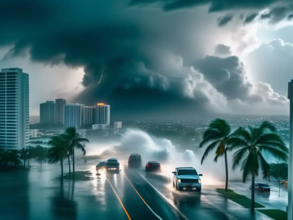 Amidst the chaos of a massive hurricane tearing through Miami, buildings topple, water floods, and cars whisk away by powerful winds