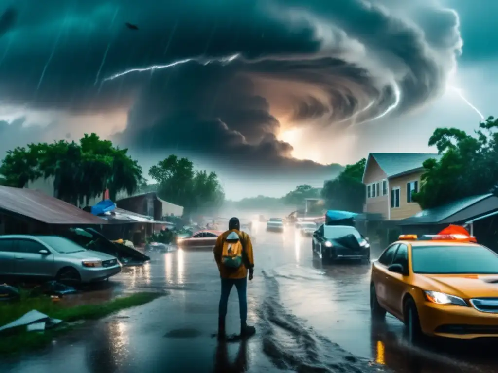 A chaotic hurricane scene with tumultuous winds, swaying buildings, and violent trees in the background