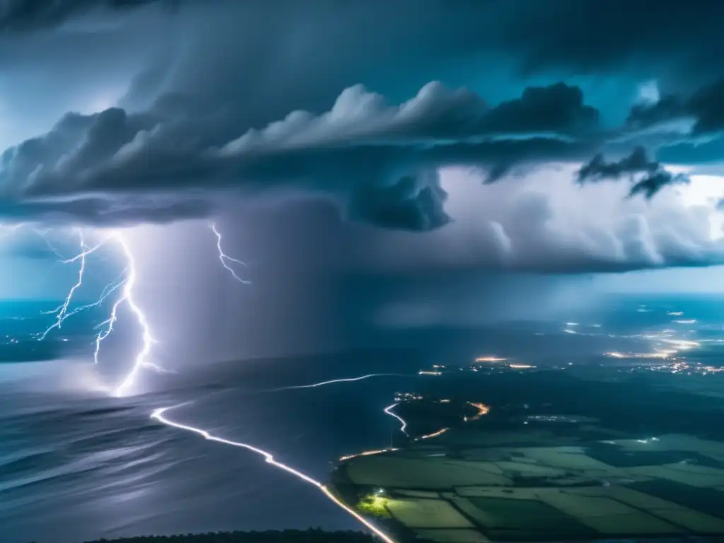 An aerial shot of a powerful hurricane with lightning bolts illuminating a dramatic cinematic style, intensifying the massive rainfall in the region