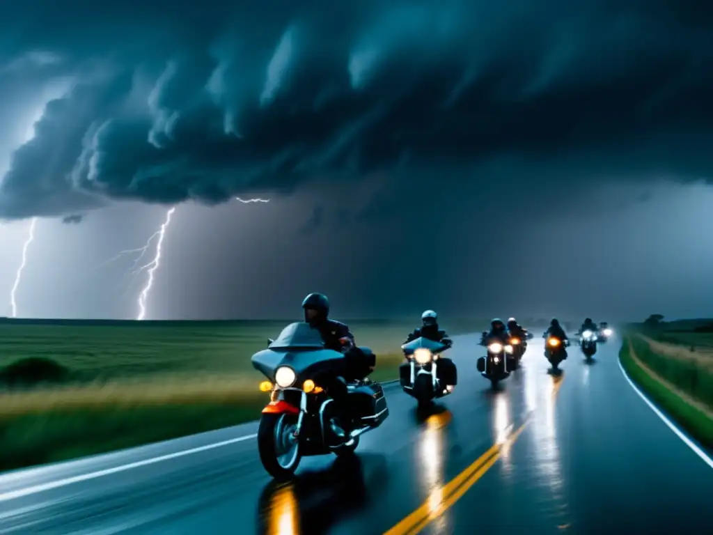 Riders on a stormy highway as hurricane flashes lightning overhead, rain pelts down and winds howl, captivating view of nature's power