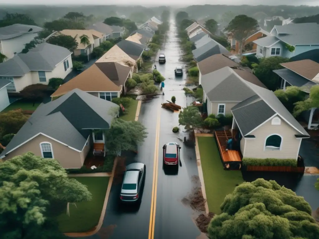 Hurricane damage: A neighborhood struck by a powerful storm, with fallen trees and debris strewn through the streets