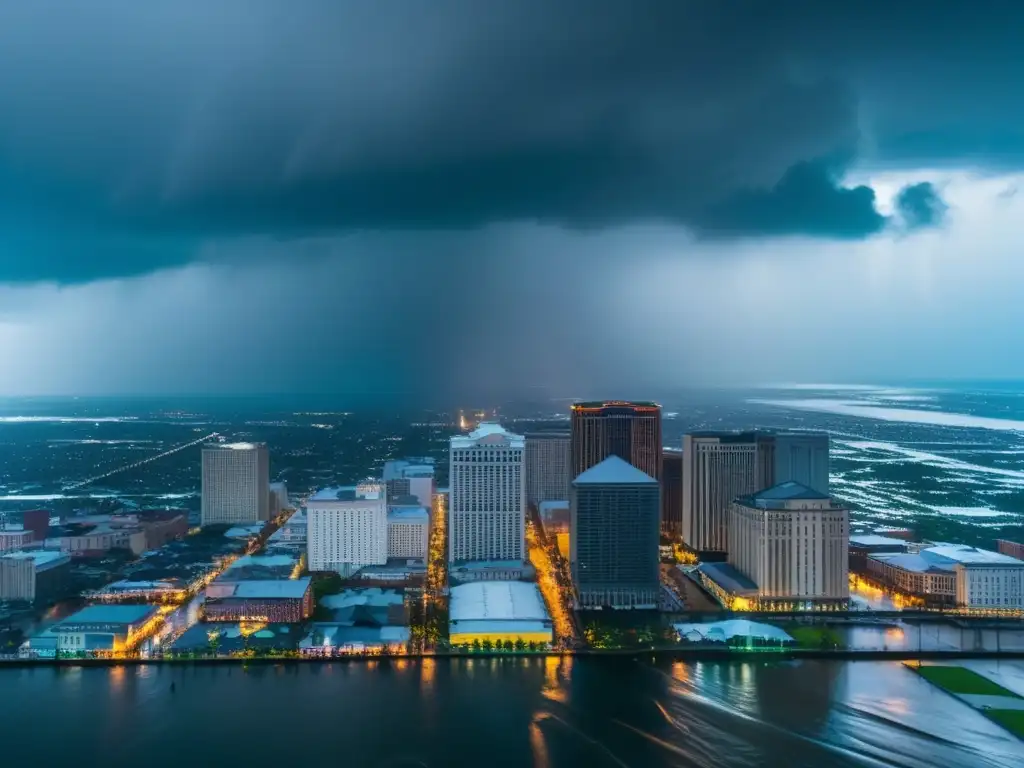 A cinematic aerial view of New Orleans skyline during a hurricane blow, with rain-slicked buildings visible through the storm