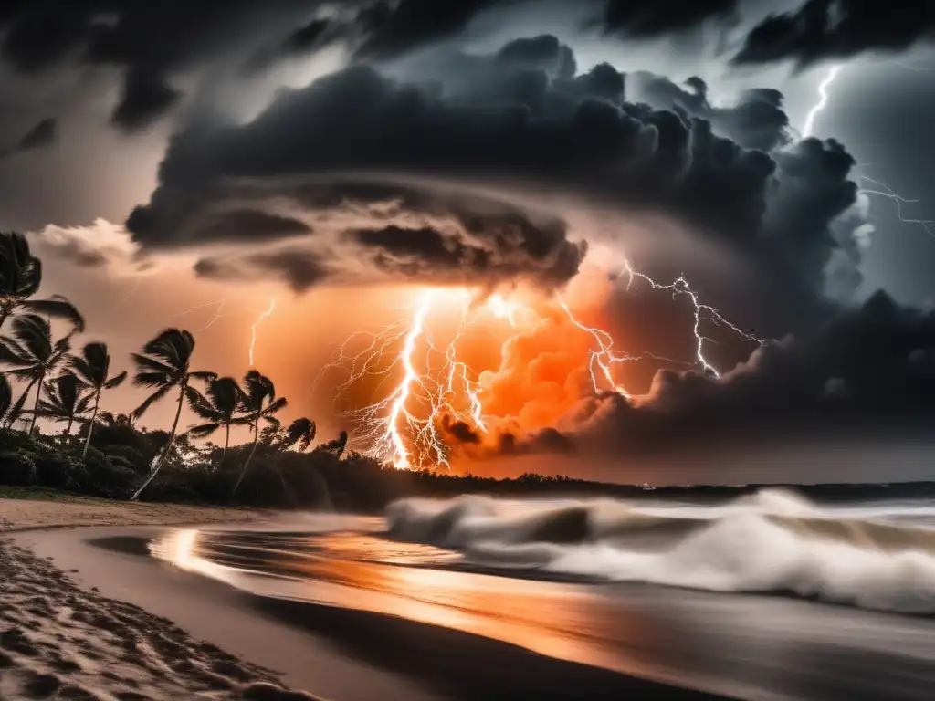 Intense black and white image of a hurricane making landfall on a deserted town with lightning bolts and a fiery orange sky in the background