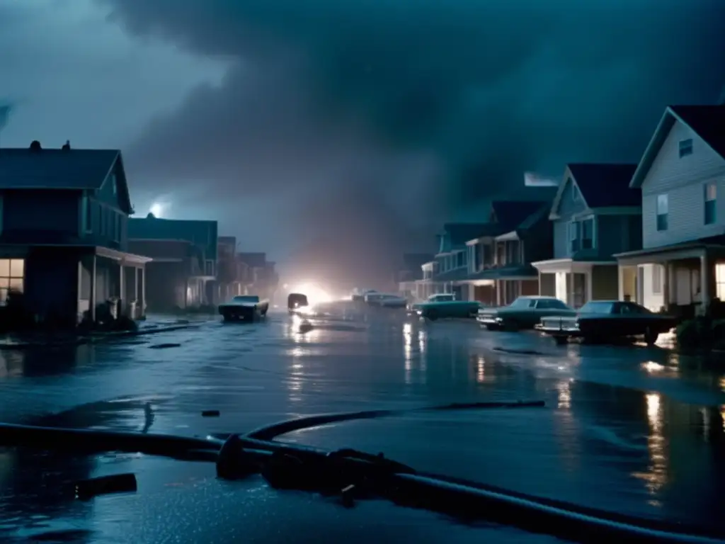 Night of the Hurricane aftermath: A stormy cityscape in chaos, muted colors and blurry quality, sea level, distant angle, slow motion, hopelessness