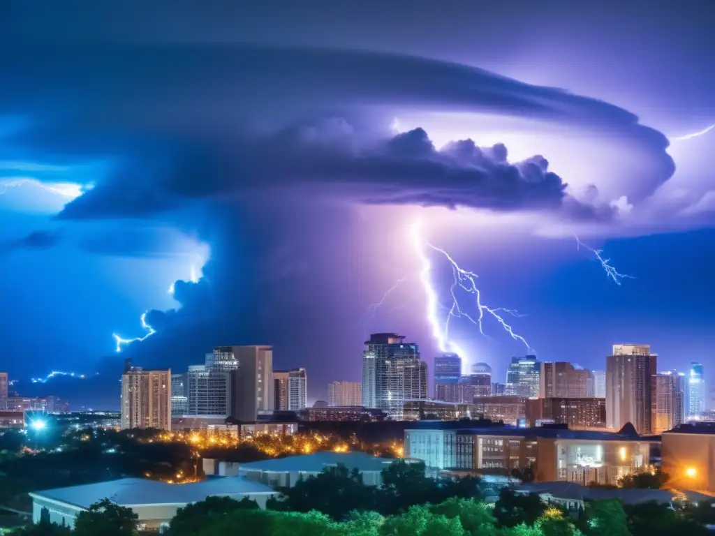 A breathtaking 8k image of a raging hurricane tearing through a city skyline at night