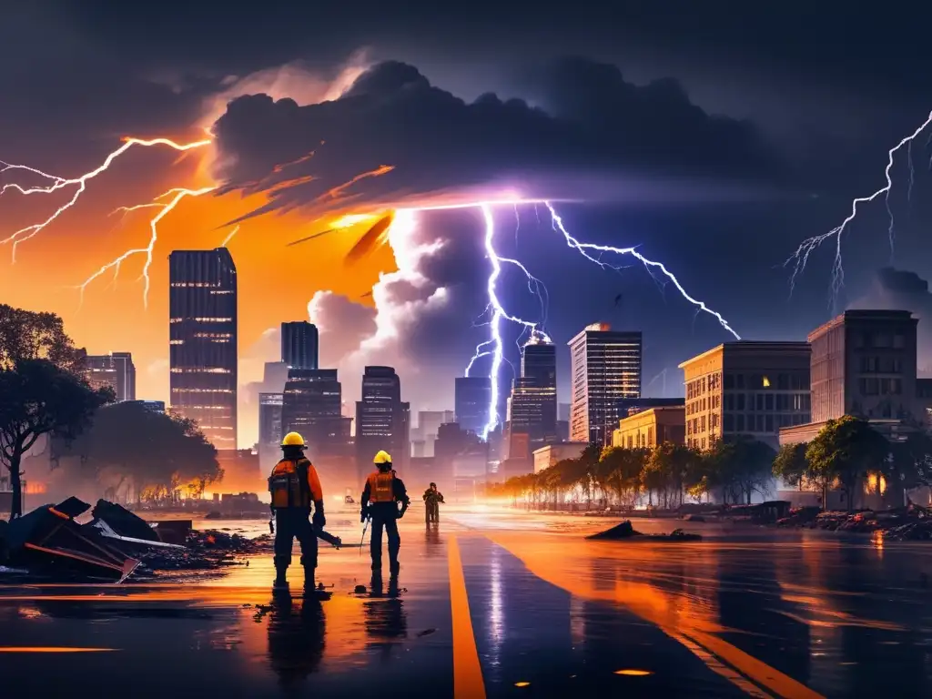 Amid the chaos of the night sky, a city skyline stands tall and imposing, reflecting the ominous orange and yellow hues of lightning