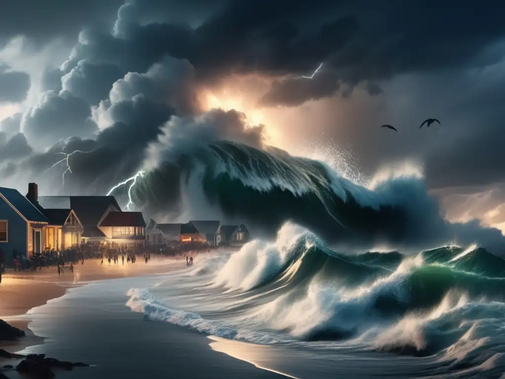 The hurricane's wrath unleashes its power, as the ocean becomes a tempestuous sea, with waves crashing against the shore