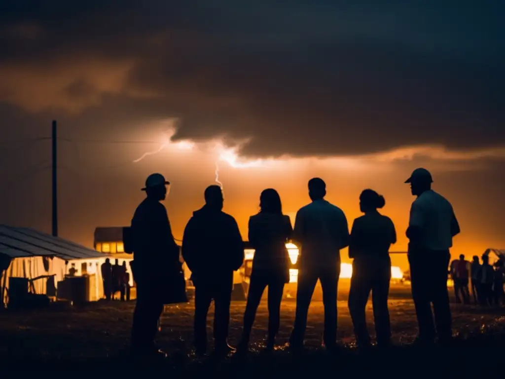 Amidst the wreckage of a hurricane, people huddle together in the dark, vulnerable and powerless