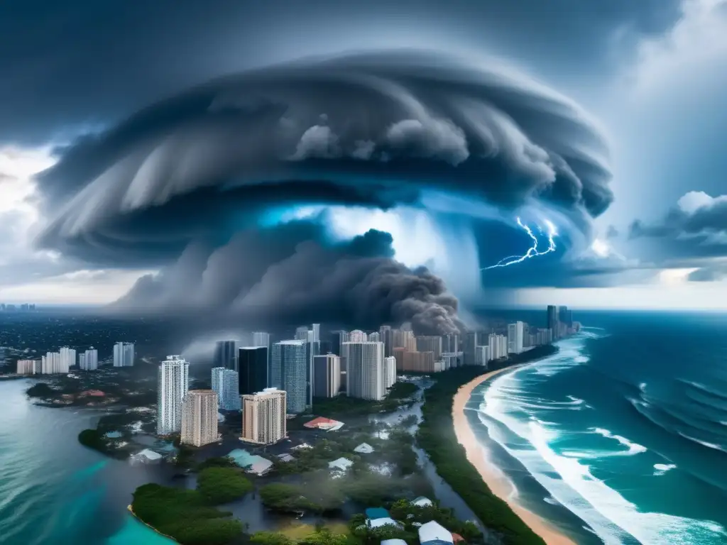 Powerful hurricane before the city skyline, with swirling dark clouds, sparkling blue ocean water, debris, and shattered structures in the foreground