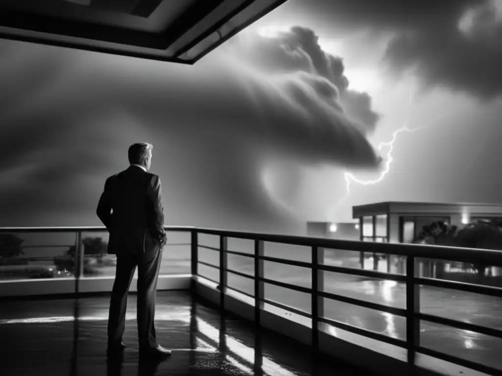 Amidst the chaos of a hurricane, a determined business owner stands outside their office building, face to face with fierce winds and torrential rain