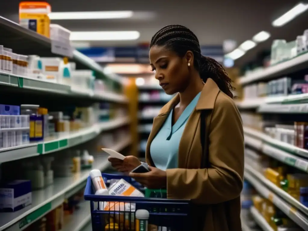 During a hurricane, a determined woman carefully selects essential over-the-counter medications from an almost empty pharmacy aisle