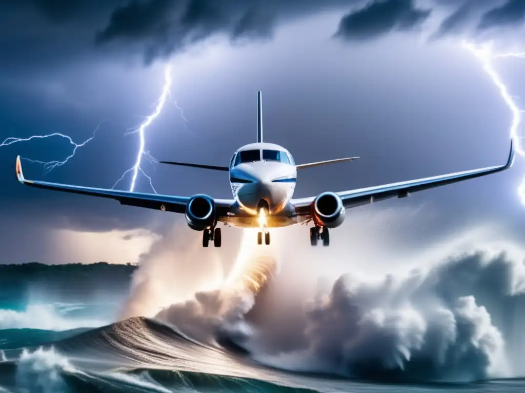 A tiny plane bravely faces the wrath of a storm, as lightning strikes and water floods, showcasing the immense destructive power of hurricanes