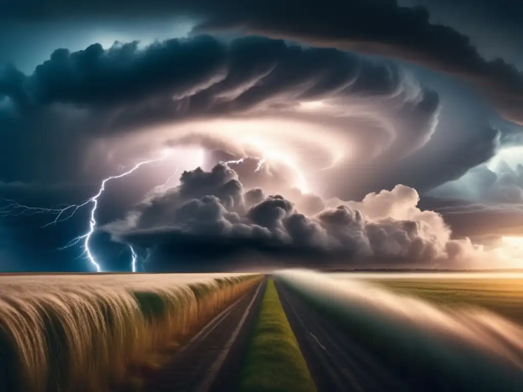 A mesmerizing cinematic image of an anticyclonic hurricane, with lightning flashing in a sea of clouds, capturing the awe-inspiring blend of natural power and energy, conveyed through a breathtaking display of the phenomenon