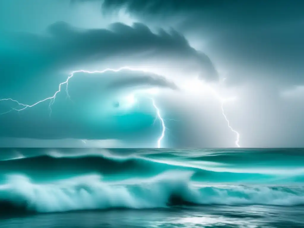 A powerful hurricane, shrouded in mist and pouring rain, dominates a calming turquoise sea