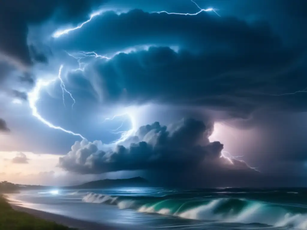 Category 5 Hurricane: A breathtaking cinematic image of nature's immense power and force, with lightning illuminating the sky and strong winds devastating the landscape