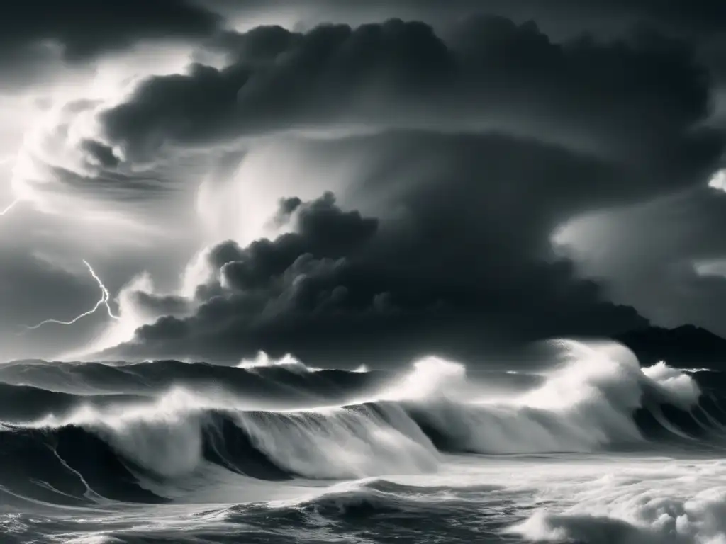 Awe-inspiring, black and white cinematic shot of a hurricane devastating the ocean