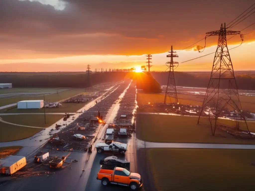 Aftermath of Hurricane: Aerial shot of damaged power grid with fallen transformers, debris, and scattered cars