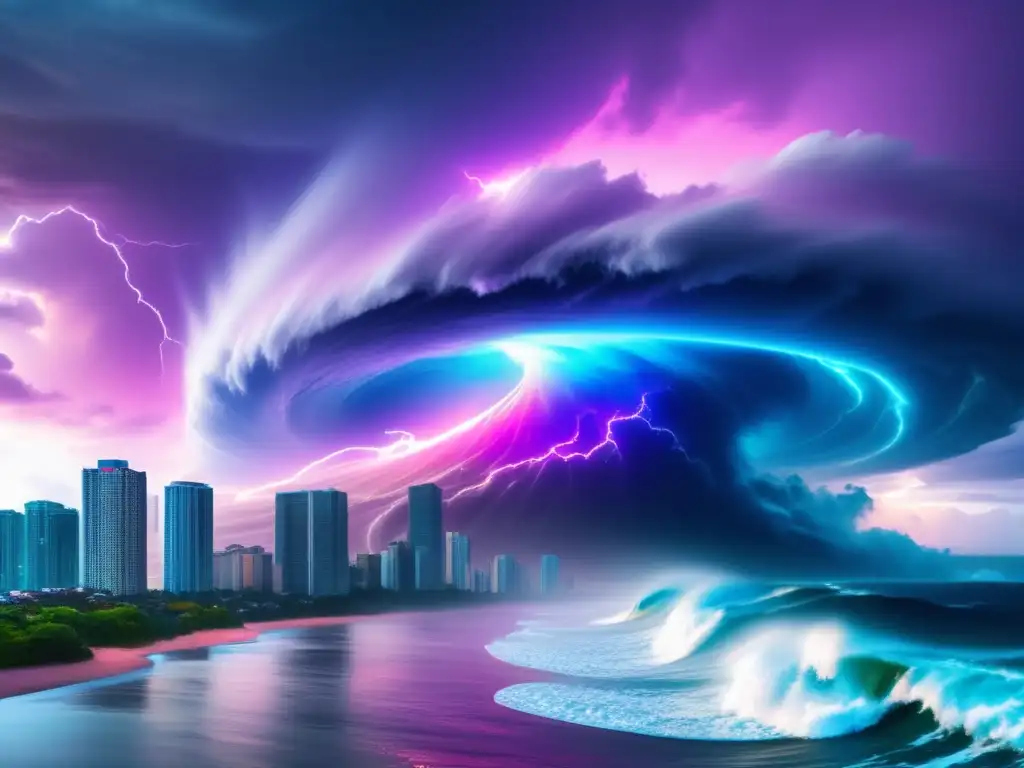 Intense and powerful super hurricane, with massive waves crashing against buildings, rain pouring in droves, and colors rich and vibrant