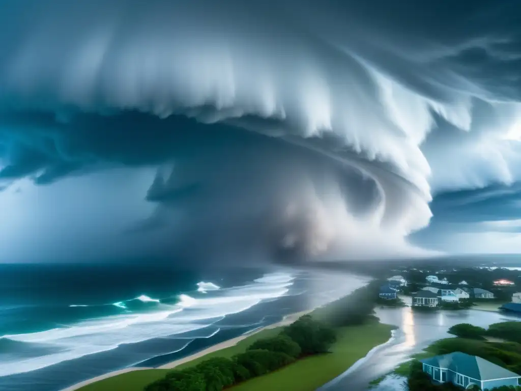 A breathtaking aerial view of a hurricane's wrath, with swirling winds and towering rain bands, devastating a small coastal town from above