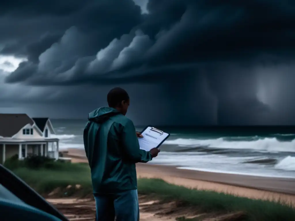 A person stands outside their home, stormy skyline looming in the background as a hurricane approaches the coastline