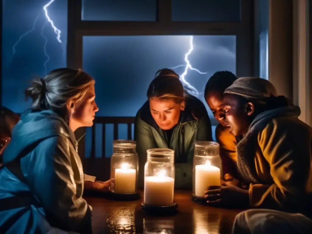 A harrowing hurricane traps people inside a dimly lit room, lightning flashes outside while strong winds shatter windows