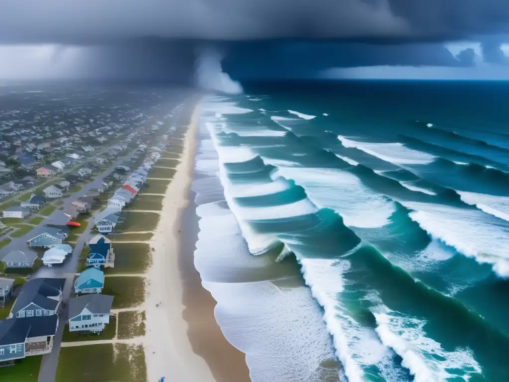 A breathtaking aerial view of the ocean during a hurricane, with daunting waves crashing against the shore