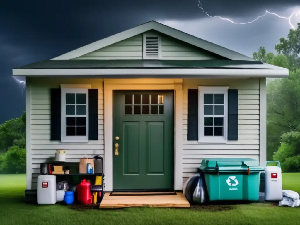 Hurricaneprepared home with storm shutter and supplies visible in living room, against ominous storm sky with lightning in background