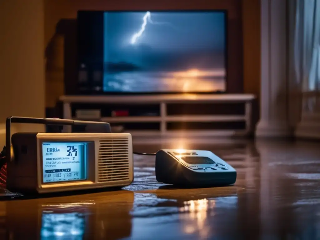 A damp living room, lit by flashlight and weather radio, with TV reporting hurricane's fury