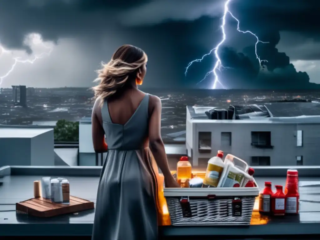 During the hurricane, a woman in a grey dress prepares for the worst